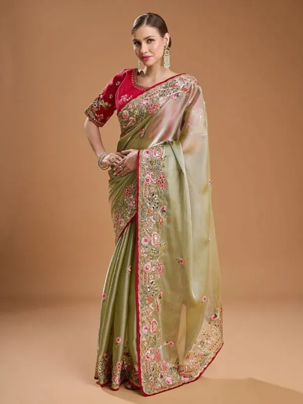 Olive_Green_Embroidered_Saree_With_Red_Blouse