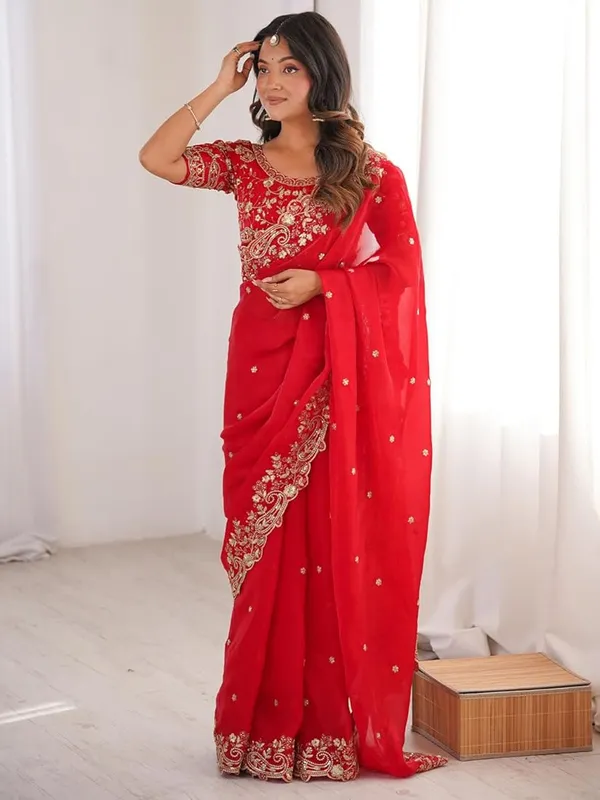 Red_Embroidered_Saree_With_Golden_Embellished_Blouse
