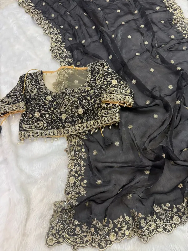 Black_Embroidered_Saree_With_Golden_Border_And_Blouse