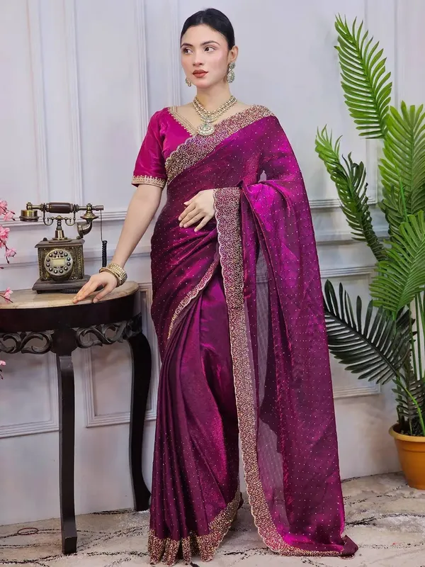 Magenta_Embellished_Saree_With_Embroidered_Border_And_Matching_Blouse