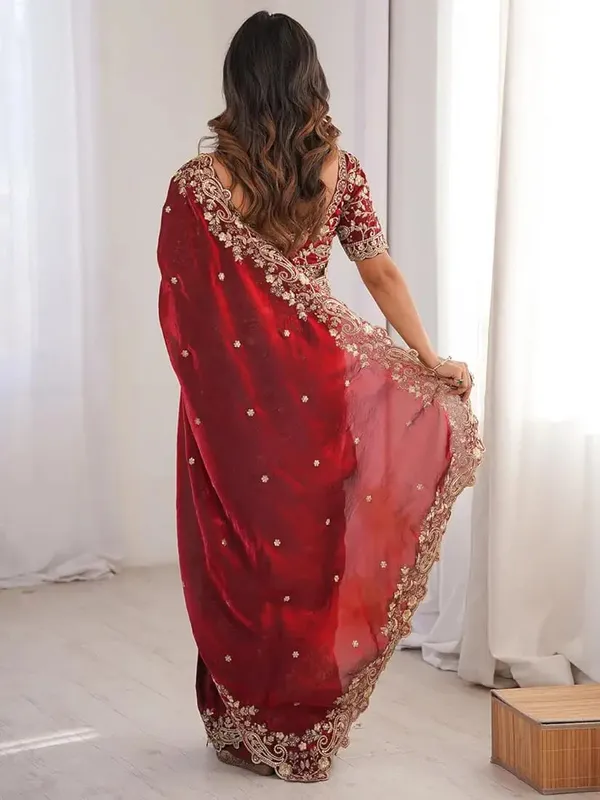 Maroon_Embroidered_Net_Saree_With_Golden_Border_And_Blouse