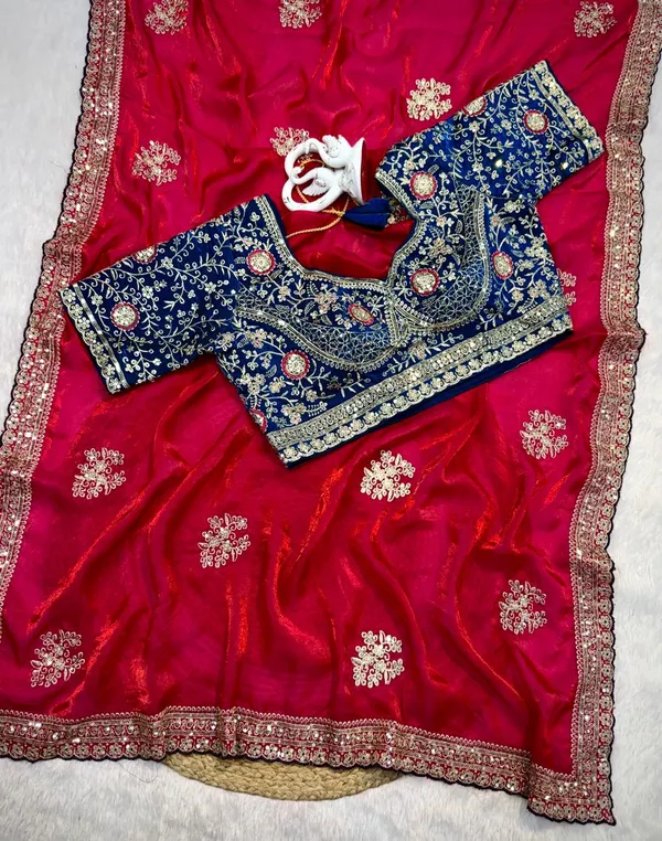 Red_Silk_Saree_With_Embellished_Blue_Blouse