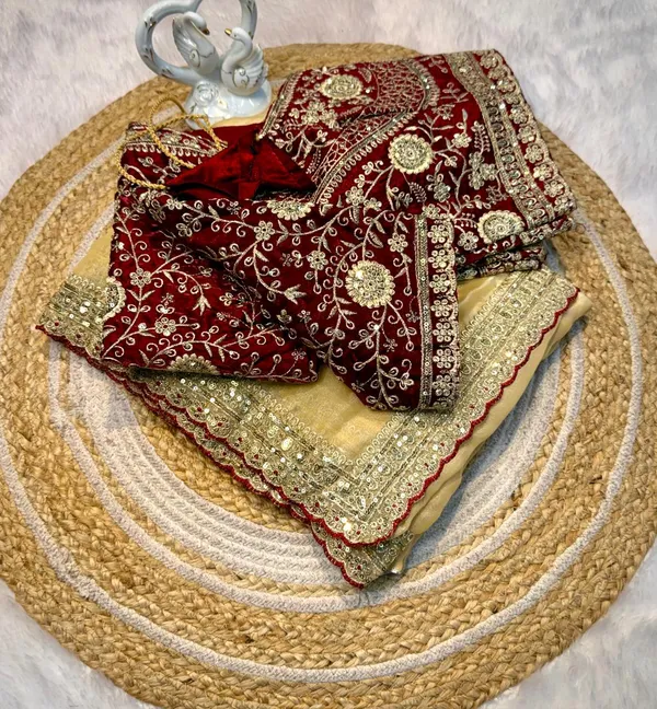 Elegant_Beige_Saree_With_Maroon_Embroidered_Blouse_Traditional_Indian_Ethnic_Wear
