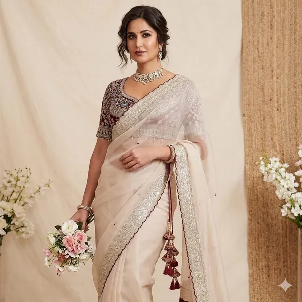 Elegant_Offwhite_Organza_Saree_With_Embellished_Border_And_Embroidered_Blouse