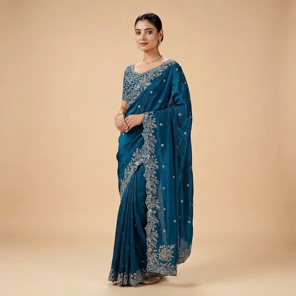 Elegant_Blue_Embroidered_Saree_With_Blouse_Piece
