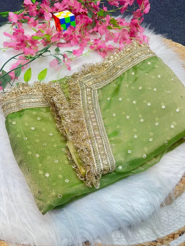 Olive_Green_Organza_Saree_With_Golden_Embroidered_Border_And_Blouse_Piece