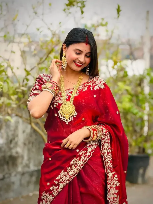 Red_Embellished_Saree_With_Golden_Embroidery_And_Sheer_Sleeves