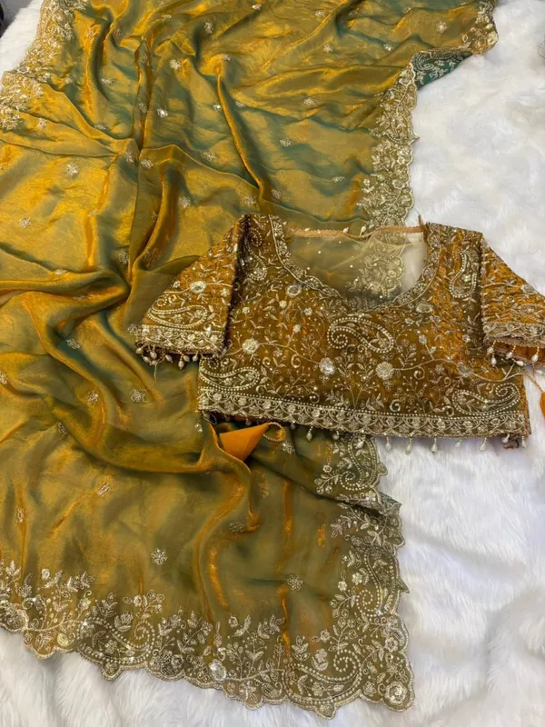 Embroidered_Organza_Saree_With_Blouse_Yellow_And_Green