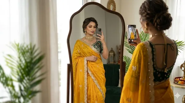 Yellow_Organza_Silk_Saree_With_Embroidered_Blouse_And_Golden_Border