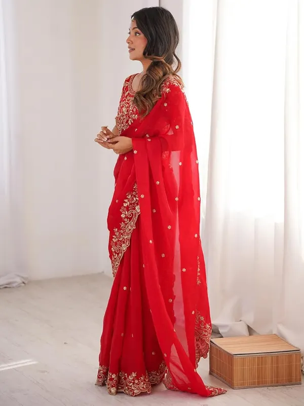 Red_Embroidered_Saree_With_Golden_Embellished_Blouse