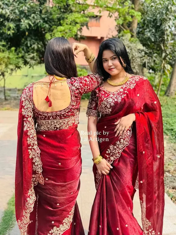 Maroon_Embroidered_Silk_Saree_With_Golden_Border_And_Blouse
