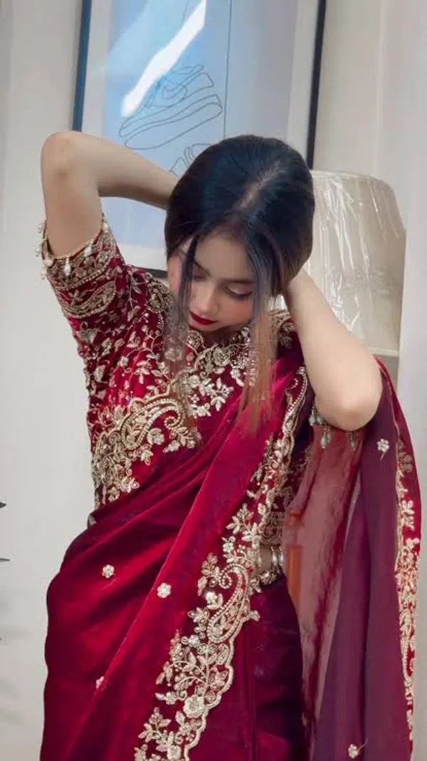 Red_Embellished_Saree_With_Golden_Embroidery_And_Sheer_Sleeves