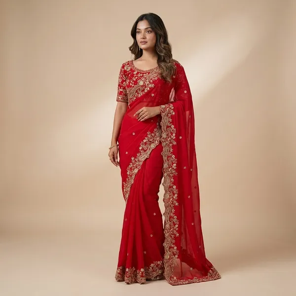 Red_Embroidered_Saree_With_Golden_Embellished_Blouse