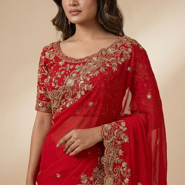 Red_Embroidered_Saree_With_Golden_Embellished_Blouse