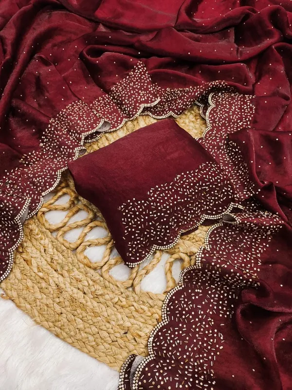 Maroon_Embellished_Georgette_Saree_With_Beige_Cutwork_Blouse