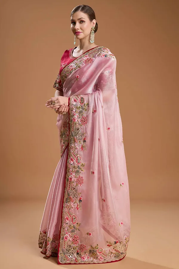 Pink_Organza_Embroidered_Saree_With_Red_Embroidered_Blouse