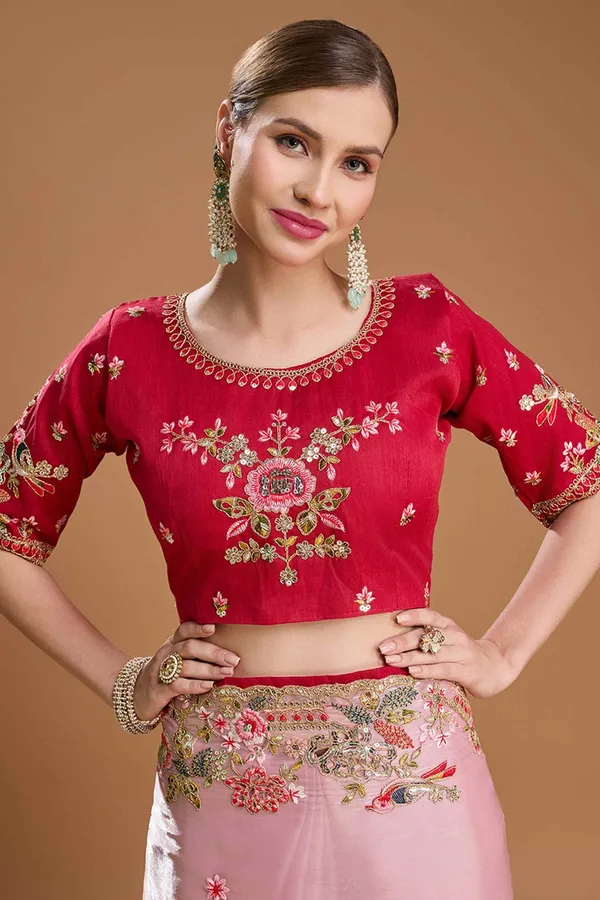 Pink_Organza_Embroidered_Saree_With_Red_Embroidered_Blouse