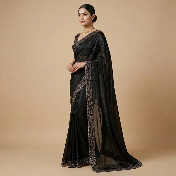Elegant_Black_Saree_With_Golden_Border_And_Embellished_Blouse