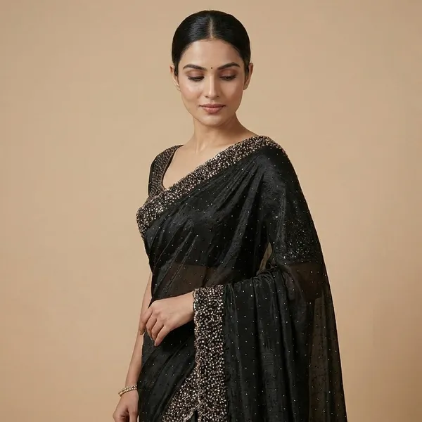 Elegant_Black_Saree_With_Golden_Border_And_Embellished_Blouse