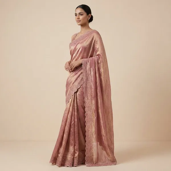 Luxurious_Velvet_Saree_With_Embellished_Border_And_Blouse_Piece_Pink_And_Gold