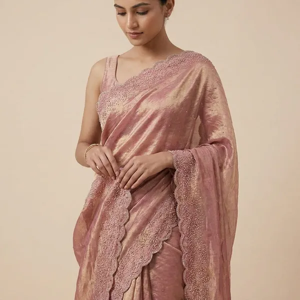 Luxurious_Velvet_Saree_With_Embellished_Border_And_Blouse_Piece_Pink_And_Gold