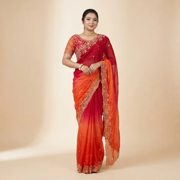Red_And_Orange_Ombre_Embroidered_Saree_With_Blouse