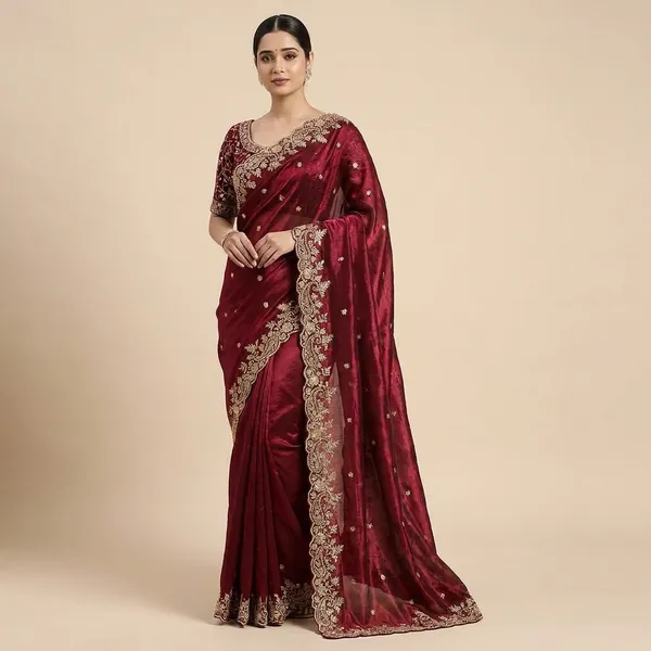 Maroon_Embroidered_Saree_With_Heavy_Golden_Zari_Work