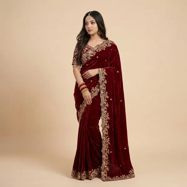 Red_Embellished_Saree_With_Golden_Embroidery_And_Sheer_Sleeves
