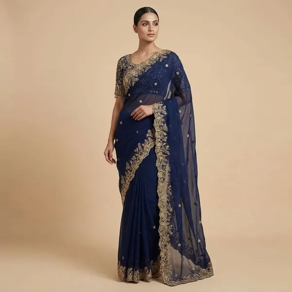 Navy_Blue_Embroidered_Saree_With_Heavy_Golden_Zari_Work_And_Blouse