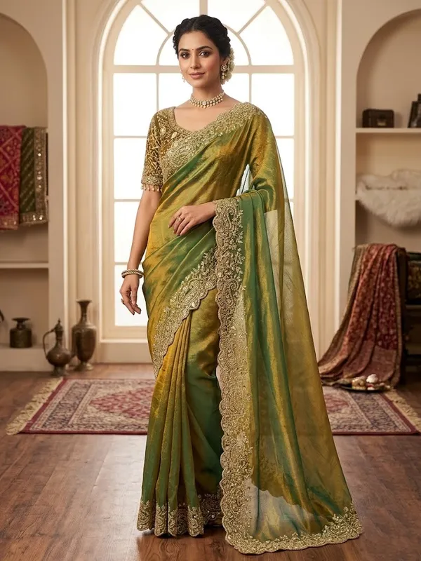 Embroidered_Organza_Saree_With_Blouse_Yellow_And_Green