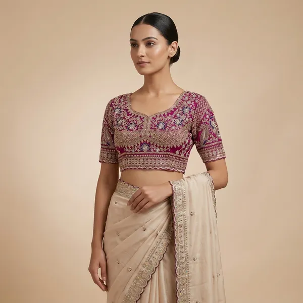 Embellished_Ethnic_Blouse_With_Dupatta_Set_Maroon_And_Offwhite