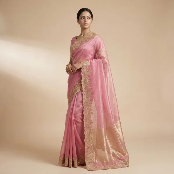 Elegant_Pink_Embroidered_Organza_Saree_With_Golden_Work