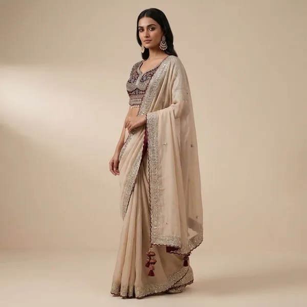 Maroon_Embellished_Blouse_With_Offwhite_Embroidered_Saree/Lehenga_Set