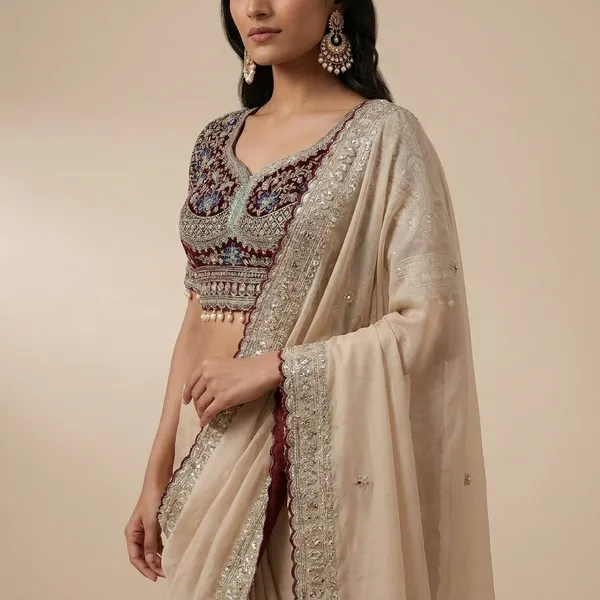 Maroon_Embellished_Blouse_With_Offwhite_Embroidered_Saree/Lehenga_Set