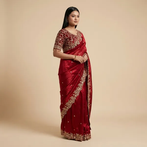 Maroon_Embroidered_Saree_With_Golden_Embellished_Blouse
