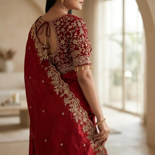 Maroon_Embroidered_Saree_With_Golden_Embellished_Blouse