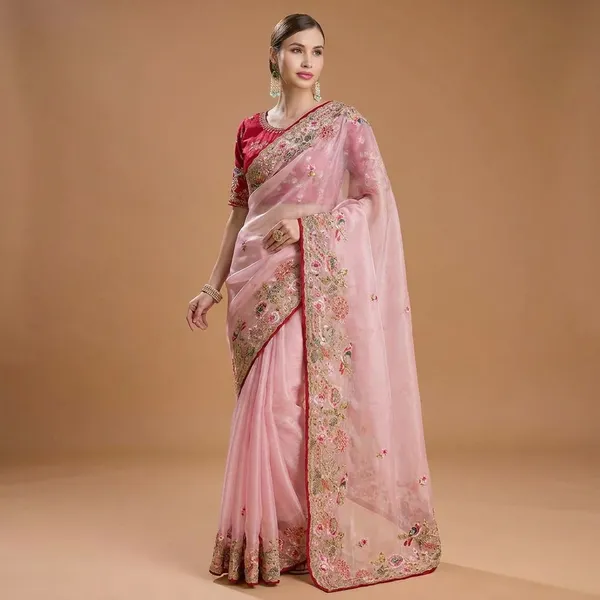 Pink_Organza_Embroidered_Saree_With_Red_Embroidered_Blouse