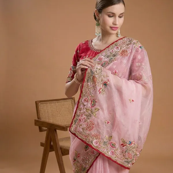 Pink_Organza_Embroidered_Saree_With_Red_Embroidered_Blouse