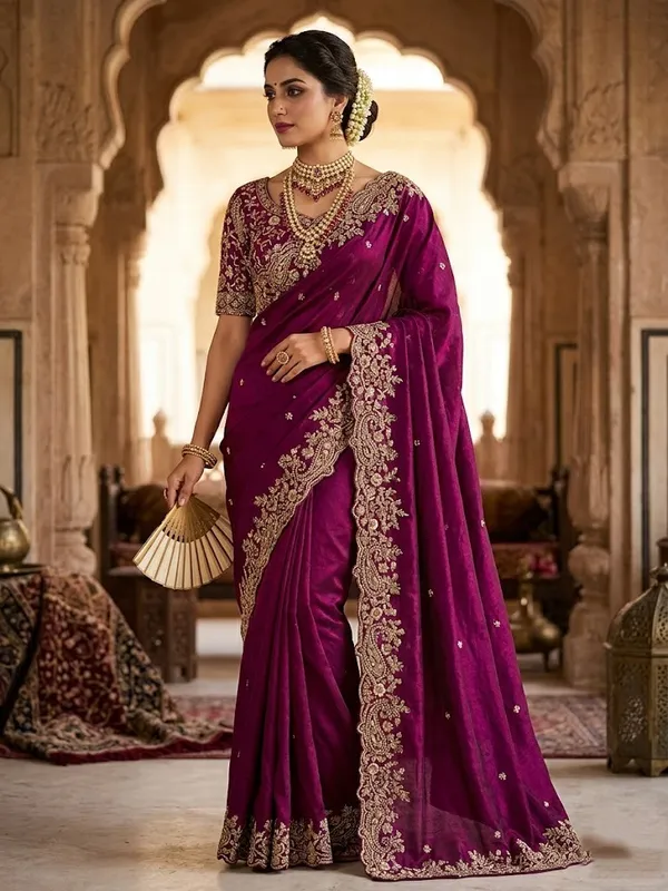 Burgundy_Embroidered_Ethnic_Saree_Set_With_Heavy_Zari_Work