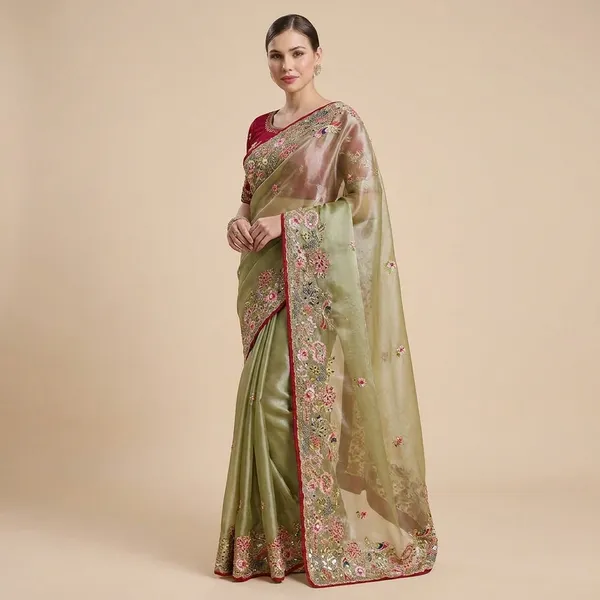 Olive_Green_Embroidered_Saree_With_Red_Blouse