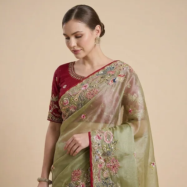 Olive_Green_Embroidered_Saree_With_Red_Blouse