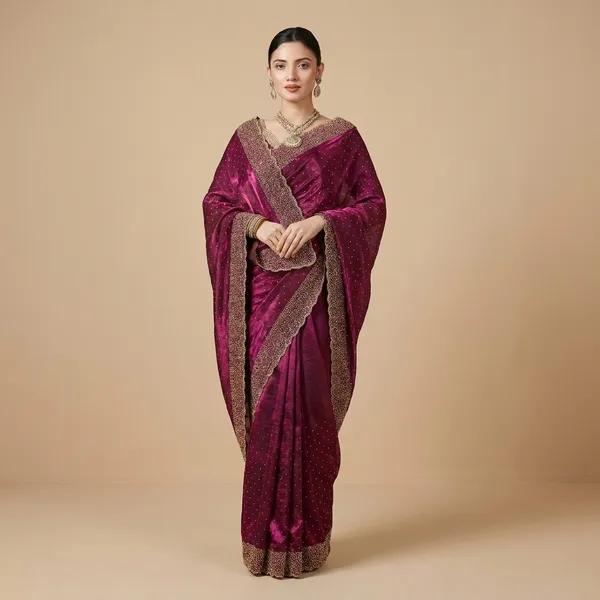 Magenta_Embellished_Saree_With_Embroidered_Border_And_Matching_Blouse