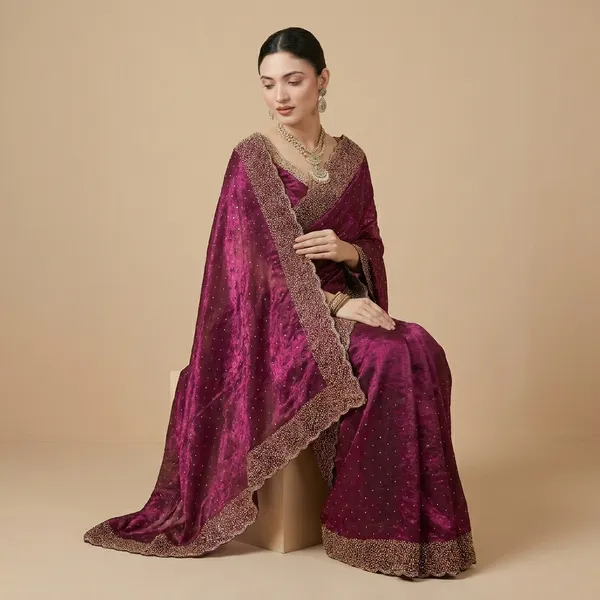 Magenta_Embellished_Saree_With_Embroidered_Border_And_Matching_Blouse