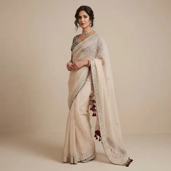 Elegant_Offwhite_Organza_Saree_With_Embellished_Border_And_Embroidered_Blouse