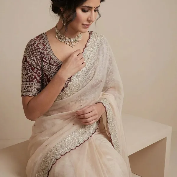 Elegant_Offwhite_Organza_Saree_With_Embellished_Border_And_Embroidered_Blouse