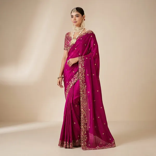 Elegant_Magenta_Silk_Saree_With_Embroidered_Blouse_And_Traditional_Gold_Jewelry_Set