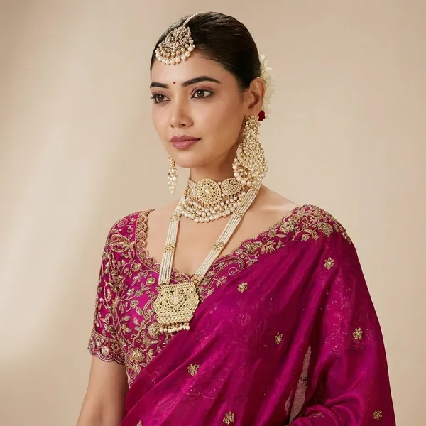 Elegant_Magenta_Silk_Saree_With_Embroidered_Blouse_And_Traditional_Gold_Jewelry_Set