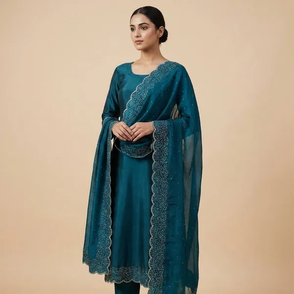 Embellished_Turquoise_Blue_Ethnic_Suit_Set_With_Golden_Lace_Work