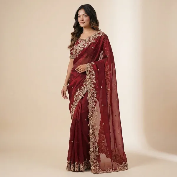 Maroon_Embroidered_Net_Saree_With_Golden_Border_And_Blouse
