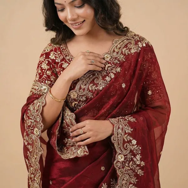 Maroon_Embroidered_Net_Saree_With_Golden_Border_And_Blouse